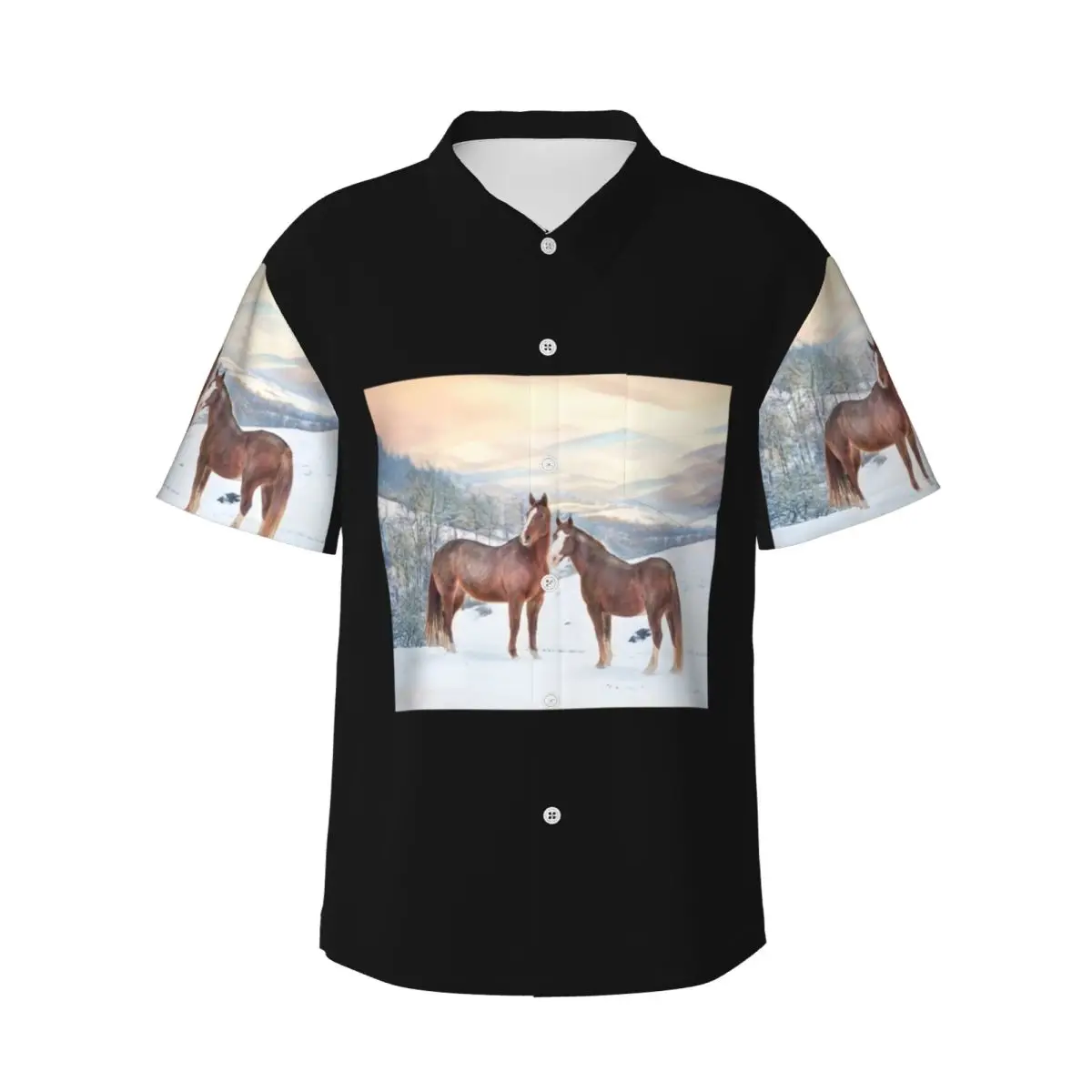 

Мужские рубашки с лошадьми со снегом и закатом, Гавайская рубашка с коротким рукавом, забавные топы на пуговицах для летнего пляжа