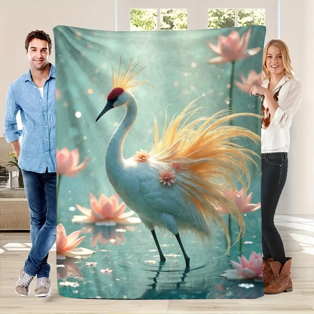 Blue-feathered swan pattern Flannel printed blanket suitable for all seasons suitable for living room office sofa and travel