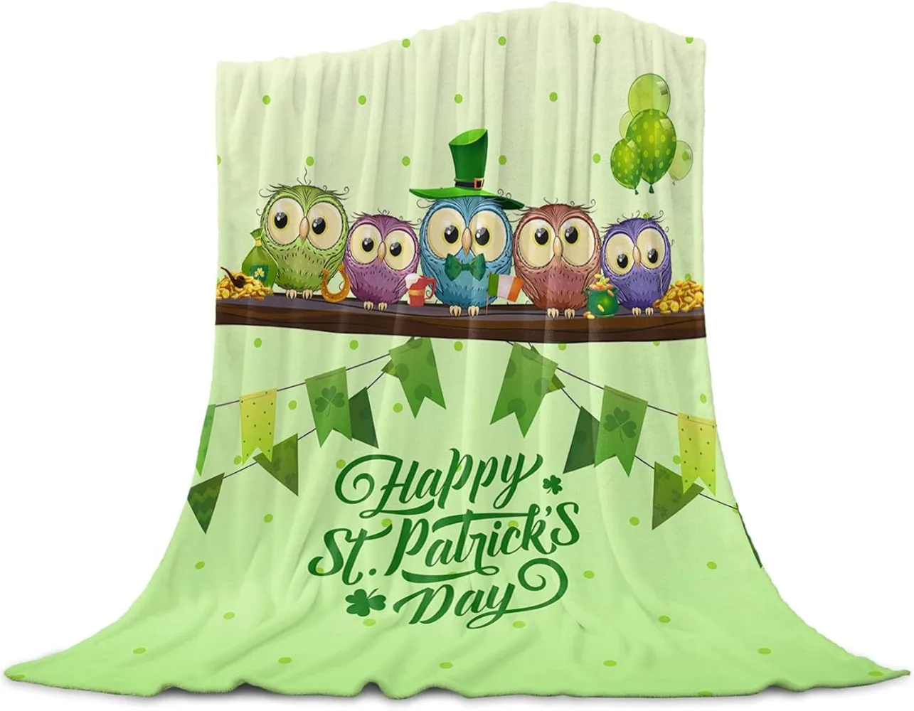 St. Patrick's Day Blankets Owls Banners Balloons Green Flannel Decorative Throw Blankets for Bed Sofa