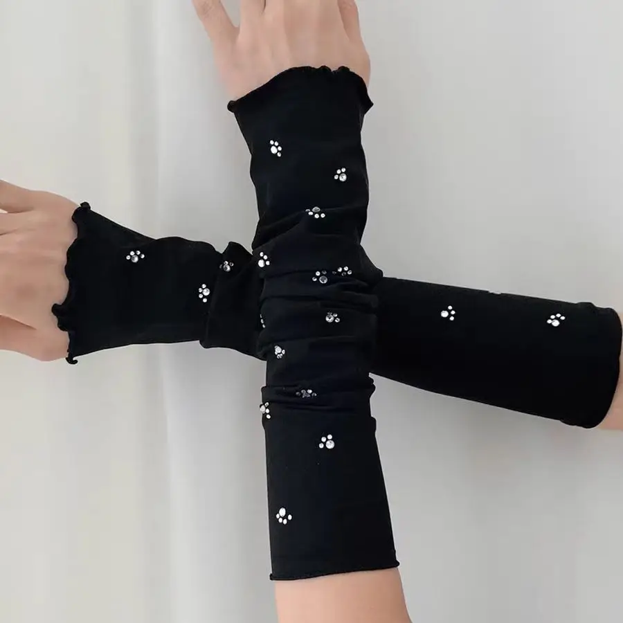 2026 Summer New High-Aesthetic Cat-Print Sun-Protective Sleeves with Lace Trim, UV-Resistant