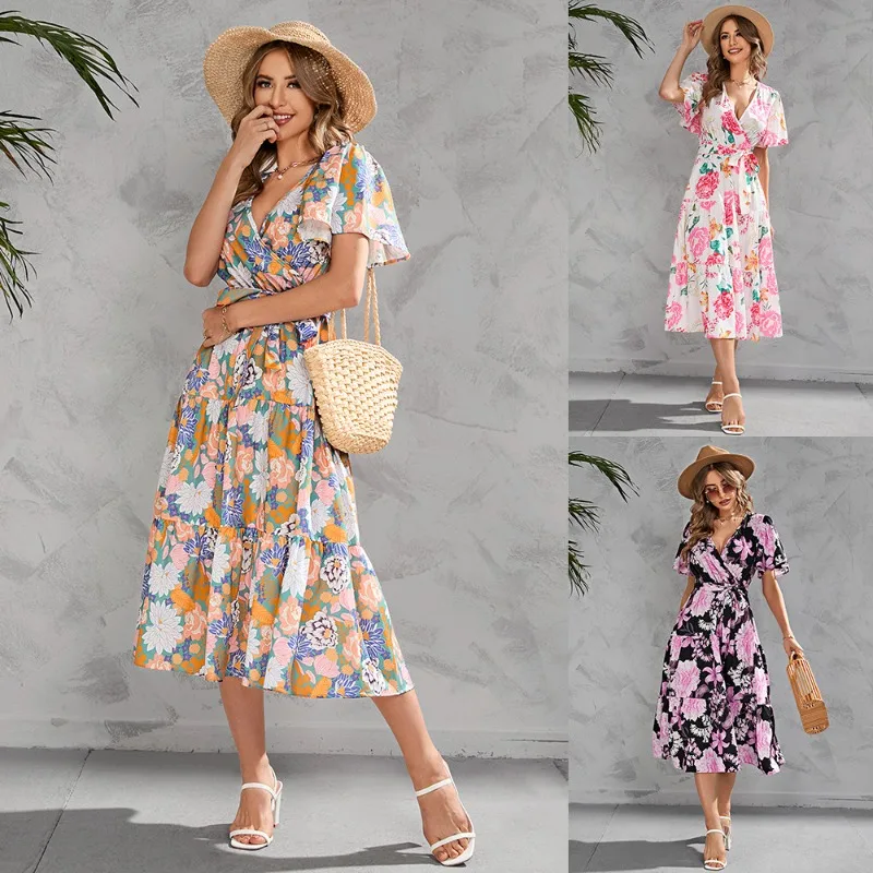 

2024 Women's Fashion Street Style Temperament Summer Printed V-neck Waist Wrapped Mid length Bubble Sleeve Dress