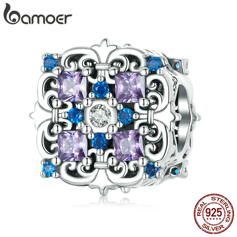 

Bamoer 925 Sterling Silver Pavé Blue Purple CZ Bead Fit Women Bracelet & Bangle Vintage Classical Palace Style Charm Making DIY