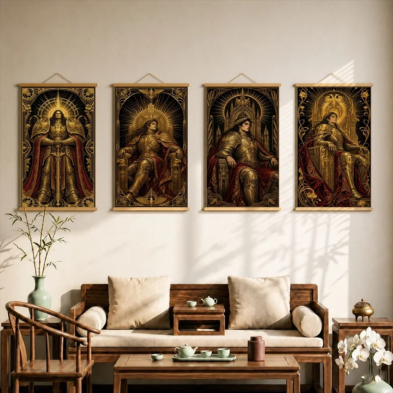 Wall Decorations Imperial Fantasy Warrior Engraving, Vintage Copperplate Pearlescent Canvas Hanging Scroll Decor for Game Room