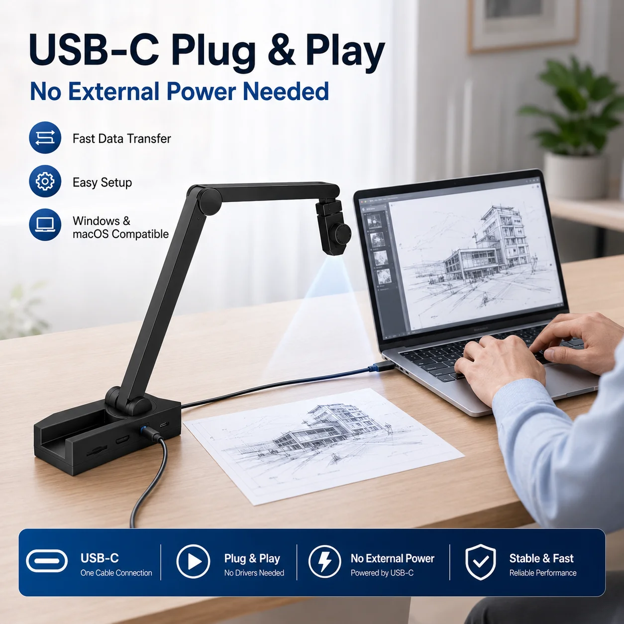 SD-9000 16MP 4K Document Camera A2 Visualizer Auto Focus USB-C with Mic LED Light for Teaching Live Streaming