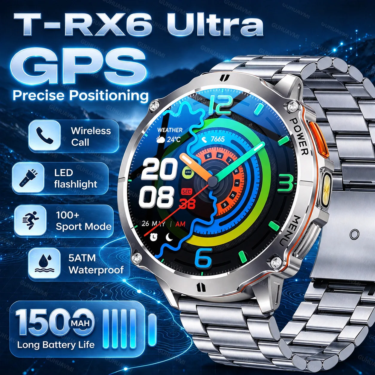 2026New T-RX6 GPS Offline Map SmartWatch 1500mah Battery 100+sports modes HD Call 5ATM Waterproof LED Flashlight Sport Watch Men