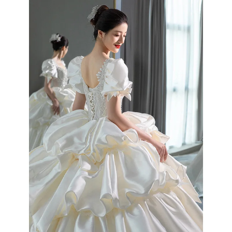 Satin long tailed Dress Luxury Bubble Sleeves Wedding Dress Beading Starry Sky Bride Dress Ball Gown Quinceanera