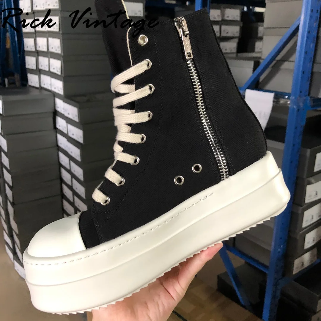 Rick Vintage Black Sneakers WomenThick Sole Canvas Platform Boots Lace Up High-Top Increasing Height Zip Ankle Boots Female