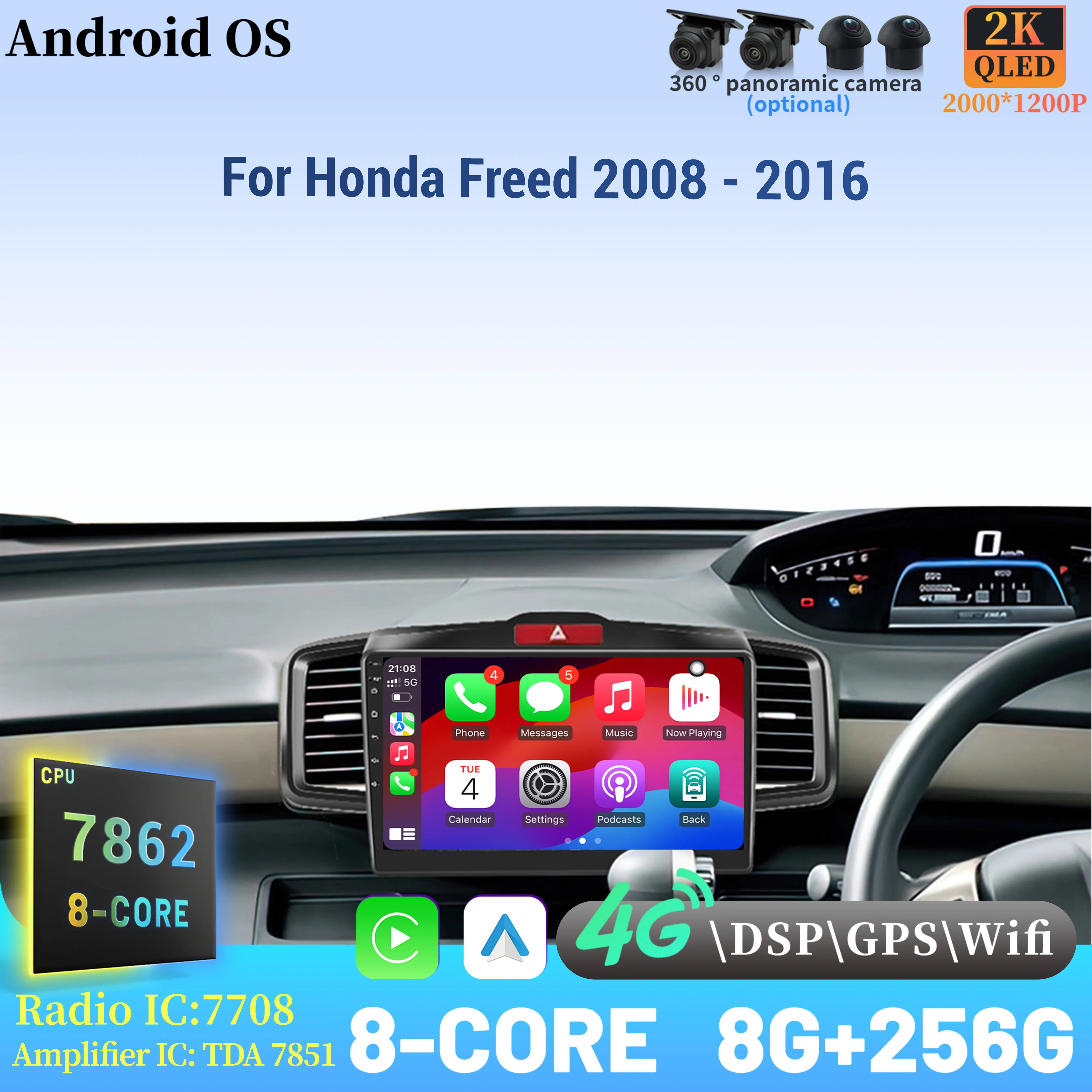

Android 14 Radio Car Multimedia Player 7862 8+256 Touch 2K QLED Screen For Honda Freed 2008 - 2016 Wireless BT CarPlay