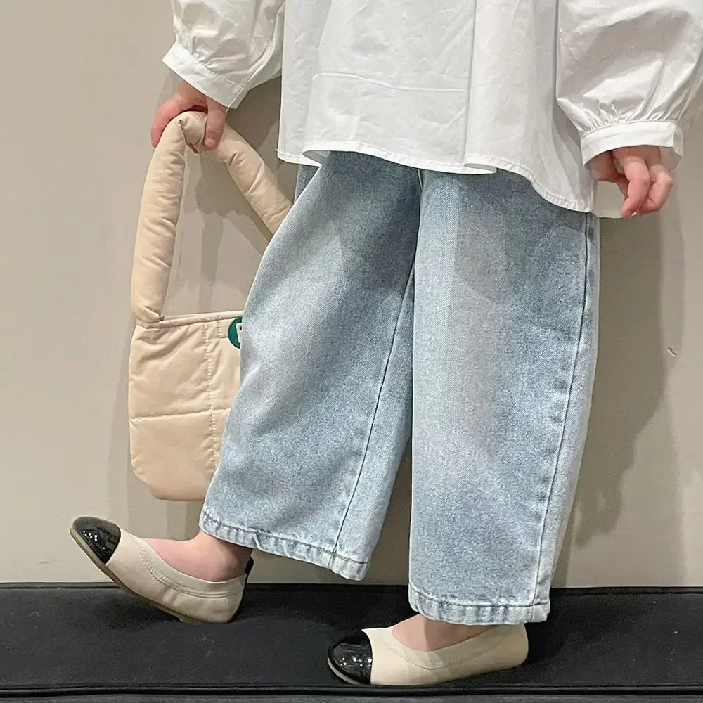 2023 wide leg pants jeans elastic waist ankle length loose straight cotton clean solid soft comfortable new korean children girl