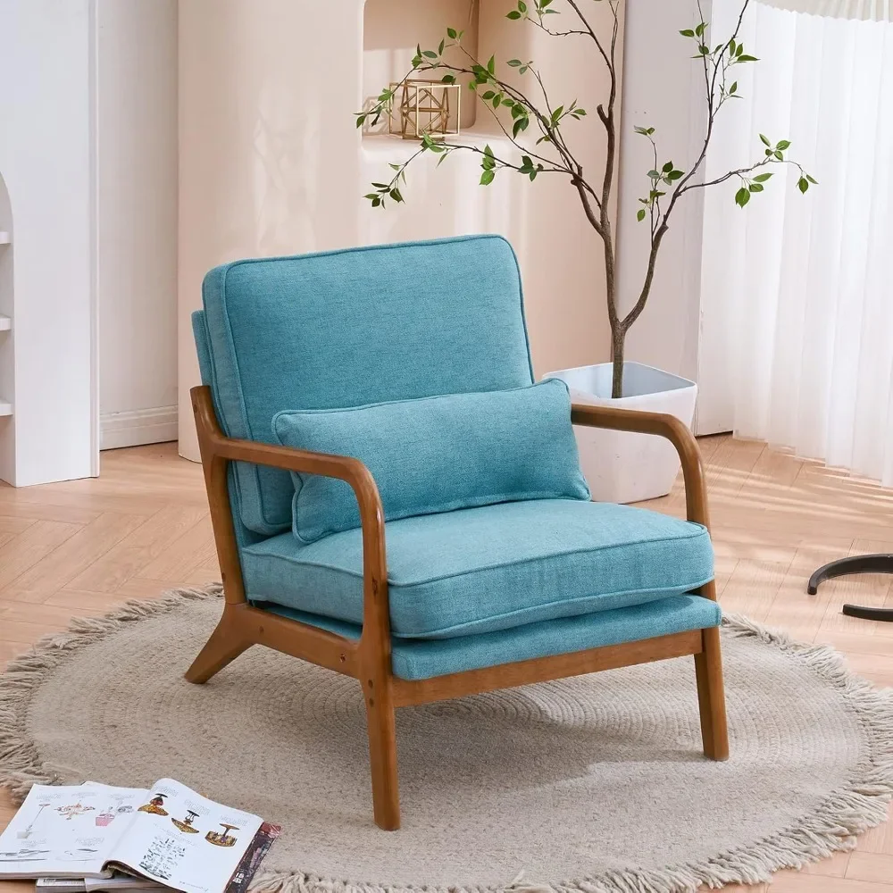 Linen Teal Comfy Accent Chair, Mid Century Modern Lounge Armchair for Living Room, Upholstered Reading Chair for Bedroom