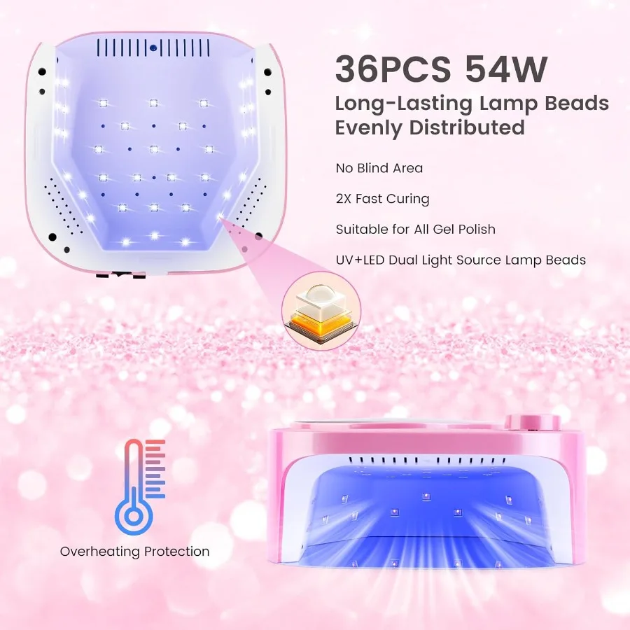 Lampada per unghie UV LED da 54 W Luce UV professionale per unghie in gel Asciugatrice per unghie senza fili ricaricabile con 36 perline lampada 4 impostazioni timer A