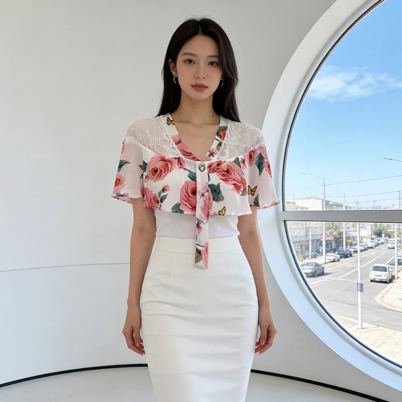 Summer Fashion Print Splice Shoulder Design  Knot Short Sleeve Top Stylish Design Sense Small Shirt Casual Slim Fit ...