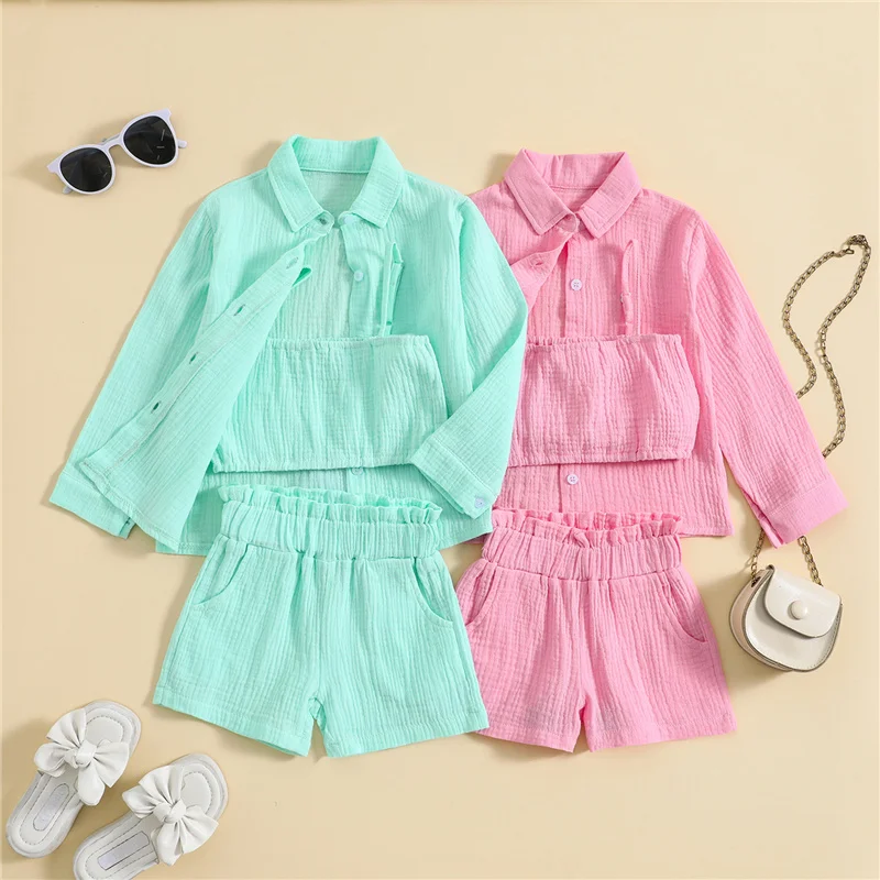 

Suefunskry Kids Girls Summer Clothes Set Solid Color Long Sleeve Lapel Shirt and Elastic Shorts Camisole Tanks 3Pcs Outfit 2-7Y