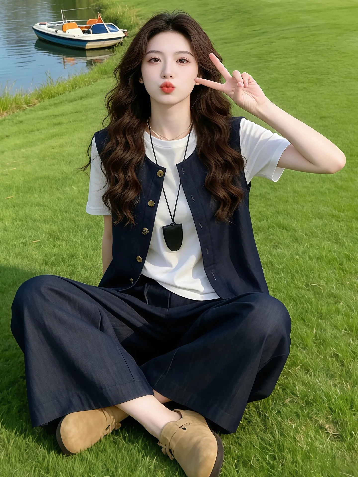 plus Size Summer Fashion Slimming Vest Wide Leg Pants Three Piece Set High Waist Casual Wear Short Sleeve round Neck Button up