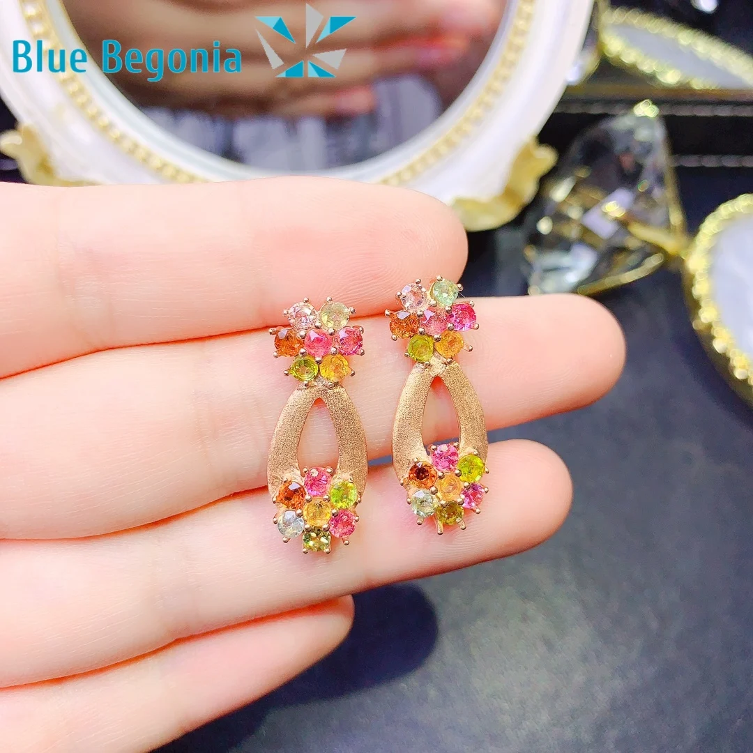 925 Sterling Silver Natural Tourmaline Earrings Women Candy Color Luxury Earring 3*3MM Gemstones