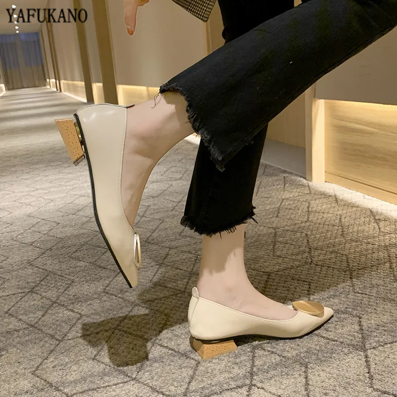 3cm Wooden Low Heels Pointed Toe Shallow Buckle Womens Shoes Slip On Loafers Retro Square Heel High Heels Elegant Lady Pumps