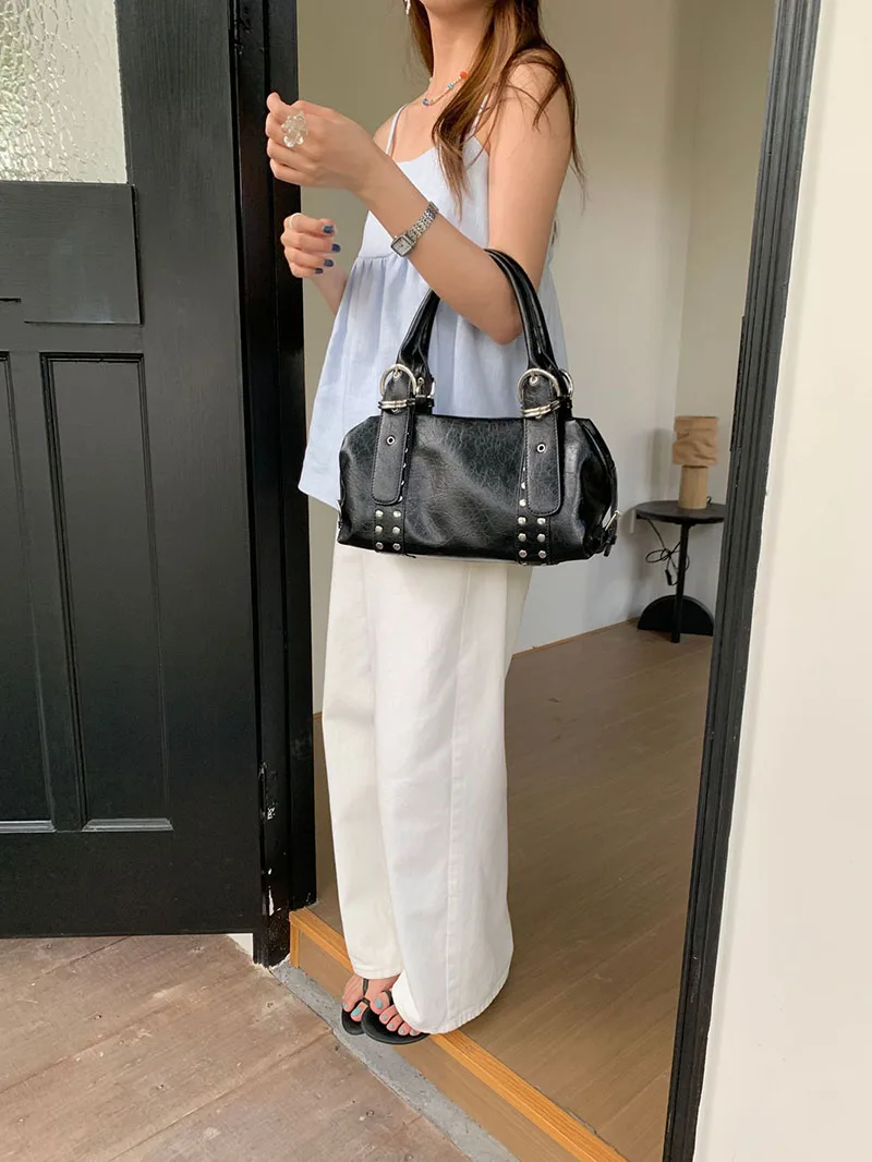 أزياء برشام البولينج حقيبة مصمم حقائب النساء الفاخرة لينة بو الجلود حقائب الكتف حقيبة دراجة نارية #5