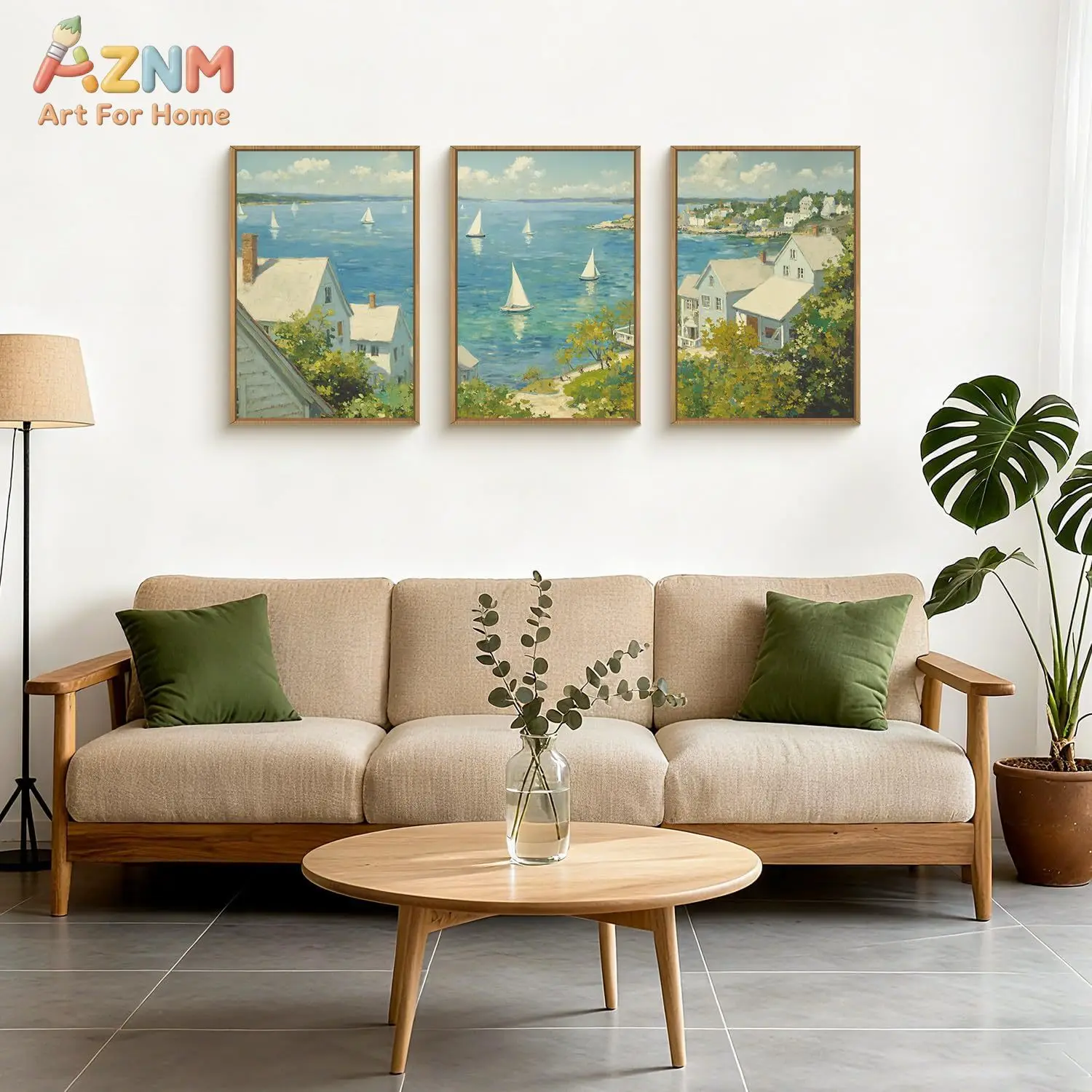 3PCS Coastal Town Sailboat Seascape Canvas Prints Blue Ocean White House Landscape Oil Painting Style Wall Art Posters Unframed