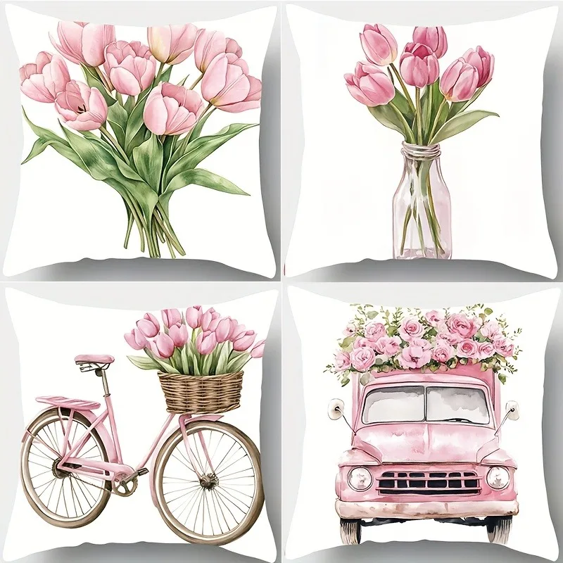 Pillow cover luxury Pillow case 45cmx45 cm Pink Tulip & Floral Pillowcase ,Sofa bedroom cushion cover, single-sided printing