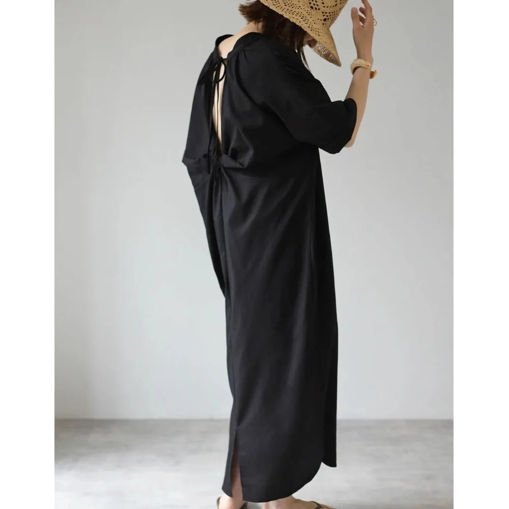 

Lotte Knot Bal ort Sve Women's Dr Summer Design V-ne Long Dr Ladylike Sle Loose Waist Cotton
