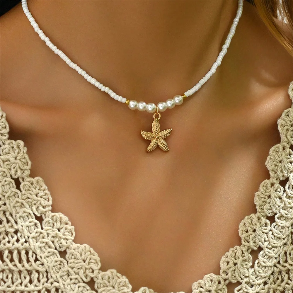 1pc Handmade Starfish Pendant Necklace With Faux Pearl Beads, Ocean Theme Jewelry For Women To Wear Daily