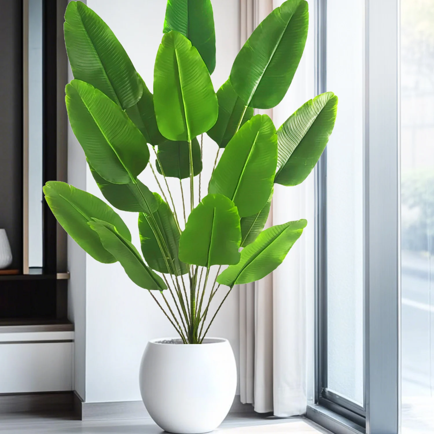 55-142cm/55,9 Zoll Große Tropische Palme Künstliche Bananenpflanze mit Blättern in Echt-Optik Strelitzia Reginae Kunstpflanze für Zuhause – Detail 10