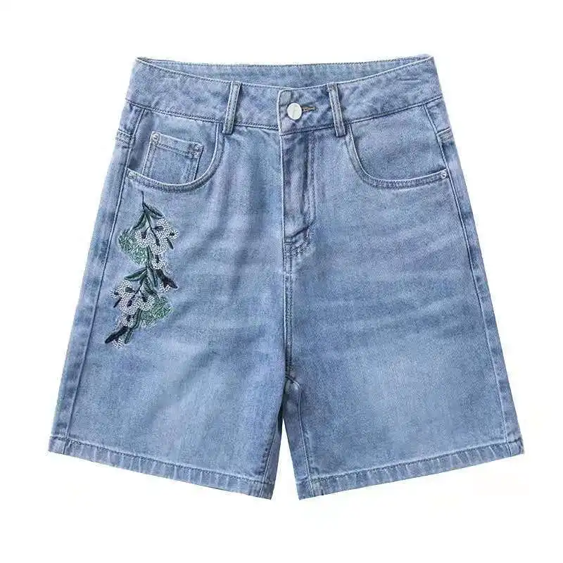 Denim Shorts For Women 2024 Summer New High Waist Vintage Floral Embroidery Straight Leg jean Shorts 3XL