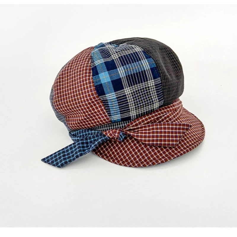 Koreanische Schleifenstickerei Karierte Mode-Baskenmütze für Damen, Sommer- und Herbst-Nischen-Retro-Britische Große Version Achteckige Newsboy-Kappe – Detail 5