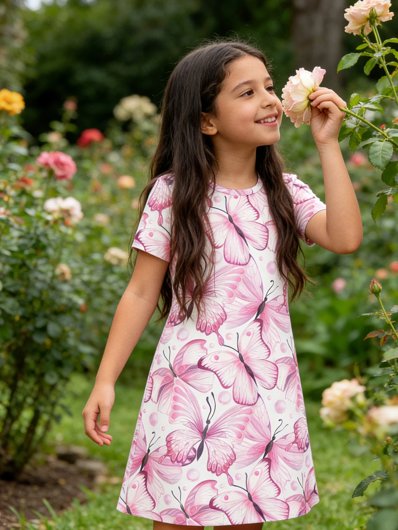 

2026 Children's Summer Pink Watercolor Butterfly Short Sleeve Dress