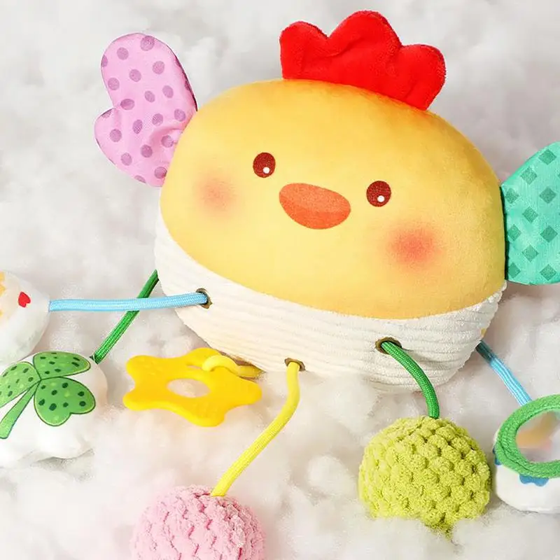 Assento de carro brinquedo frango musical puxar corda assento de carro brinquedo bonito macio mão sino fantoche com anel mordedor atividade jogos sensoriais para