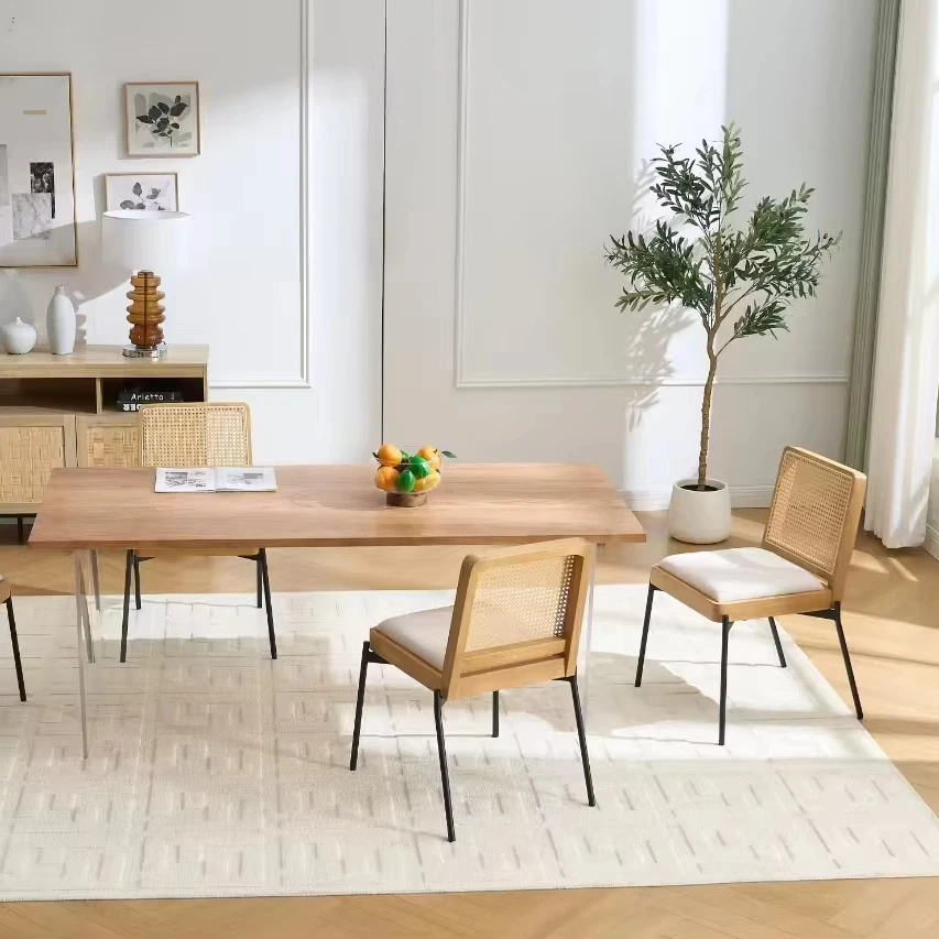 Rattan Backrest Metal Legs Kitchen Chairs Mid-Century Dining Chairs Set of 2, Accent Linen Fabric Side Chairs for Diner