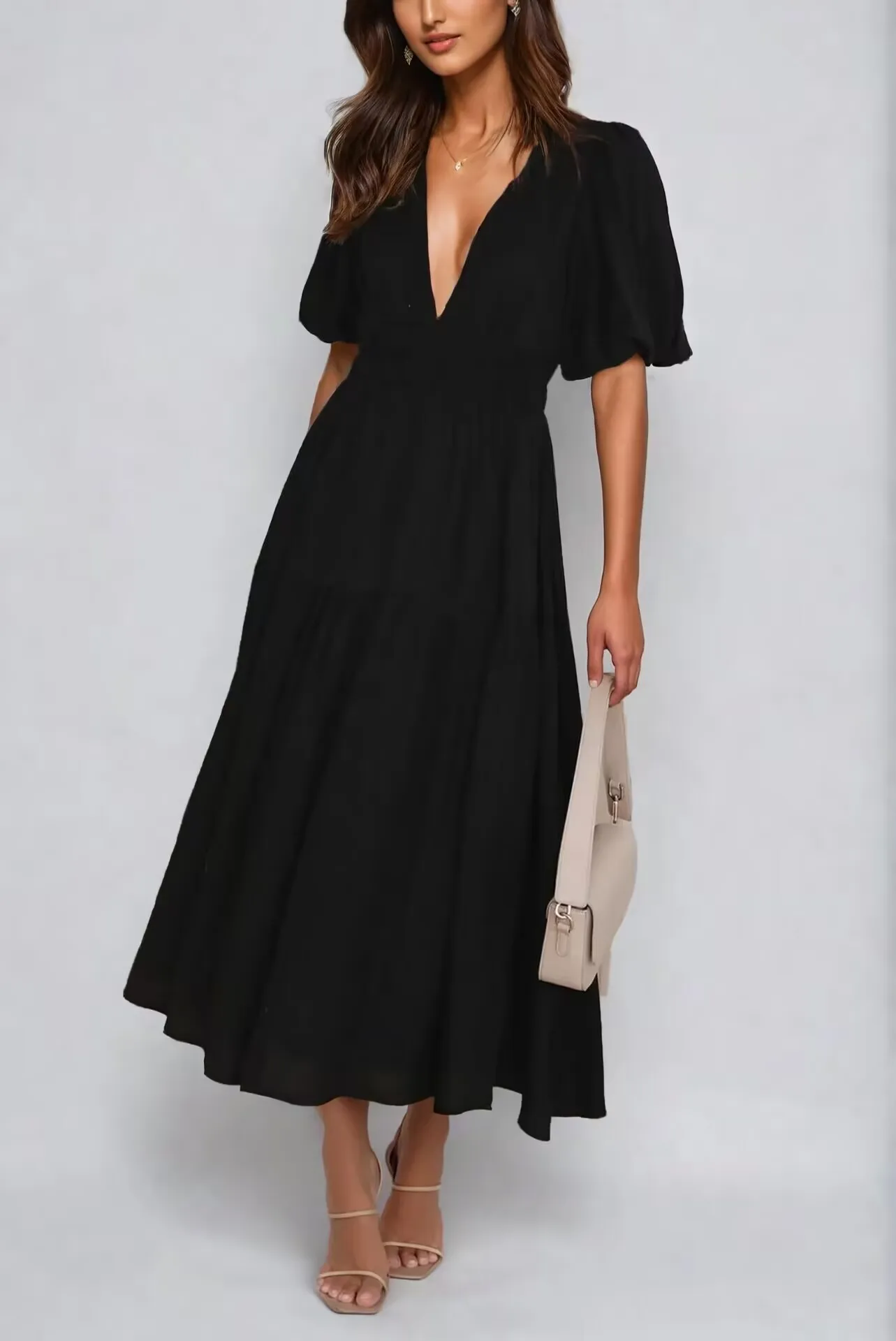 Customized V-neck Black Tea Length Short Sleeves A-line Serene Hill Boutique Store متجر Robes De Soirées Elegantes Pour Mariage
