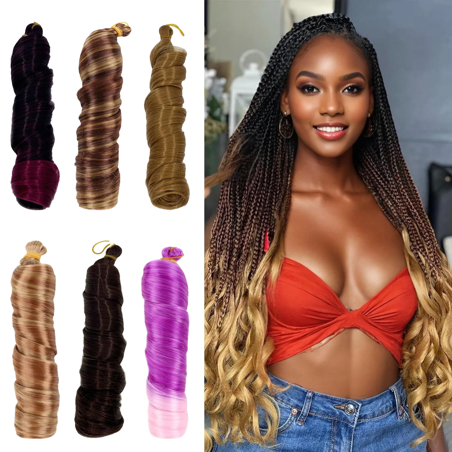 Synthetic 24Inches French Curly Crochet Braiding Hair Loose Wave Ombre Braids Hair Spiral Curls Pre Stretched Hair Extensions