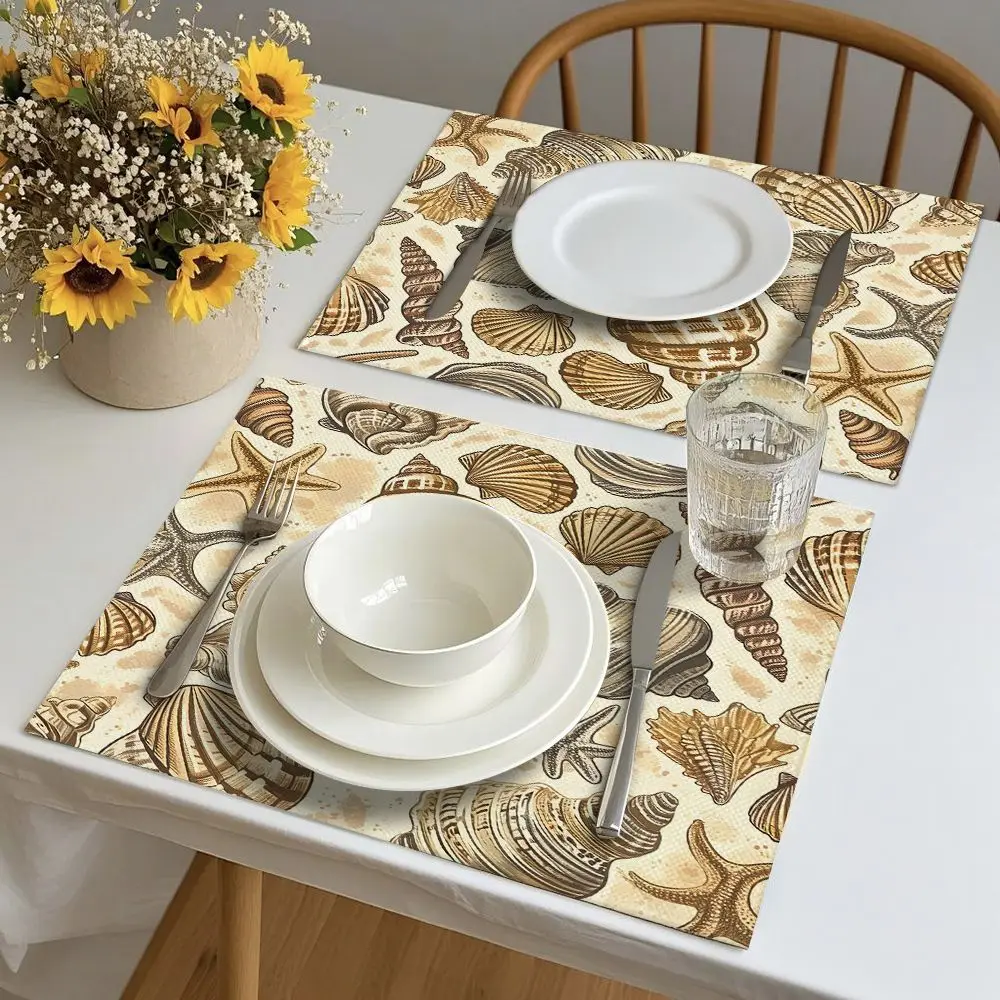 1 Pc Home Decor Placemat, Beach Starfish Conch Pattern Table Mat, Plate Mat for Kitchen Dining, Wedding Table Decoration