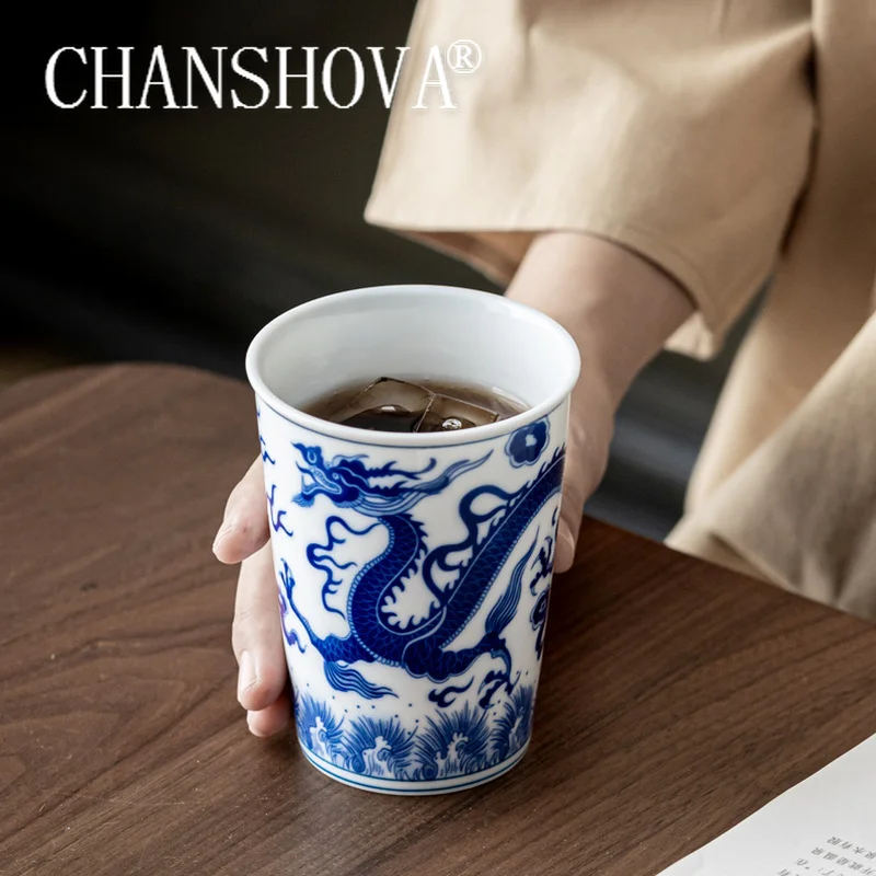 CHANSHOVA 260ml Chinese Retro Style Blue and white dragon and phoenix pattern Ceramic Teacup Porcelain Coffee cup Ceramic cups