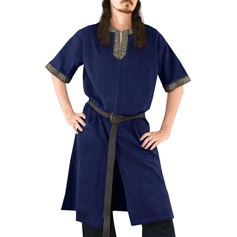 Y2K Mens Set Artistic Split Shirt Shorts Spring European Medieval Cosplay Stage Performance Printed Robe Men's Clothing 2024