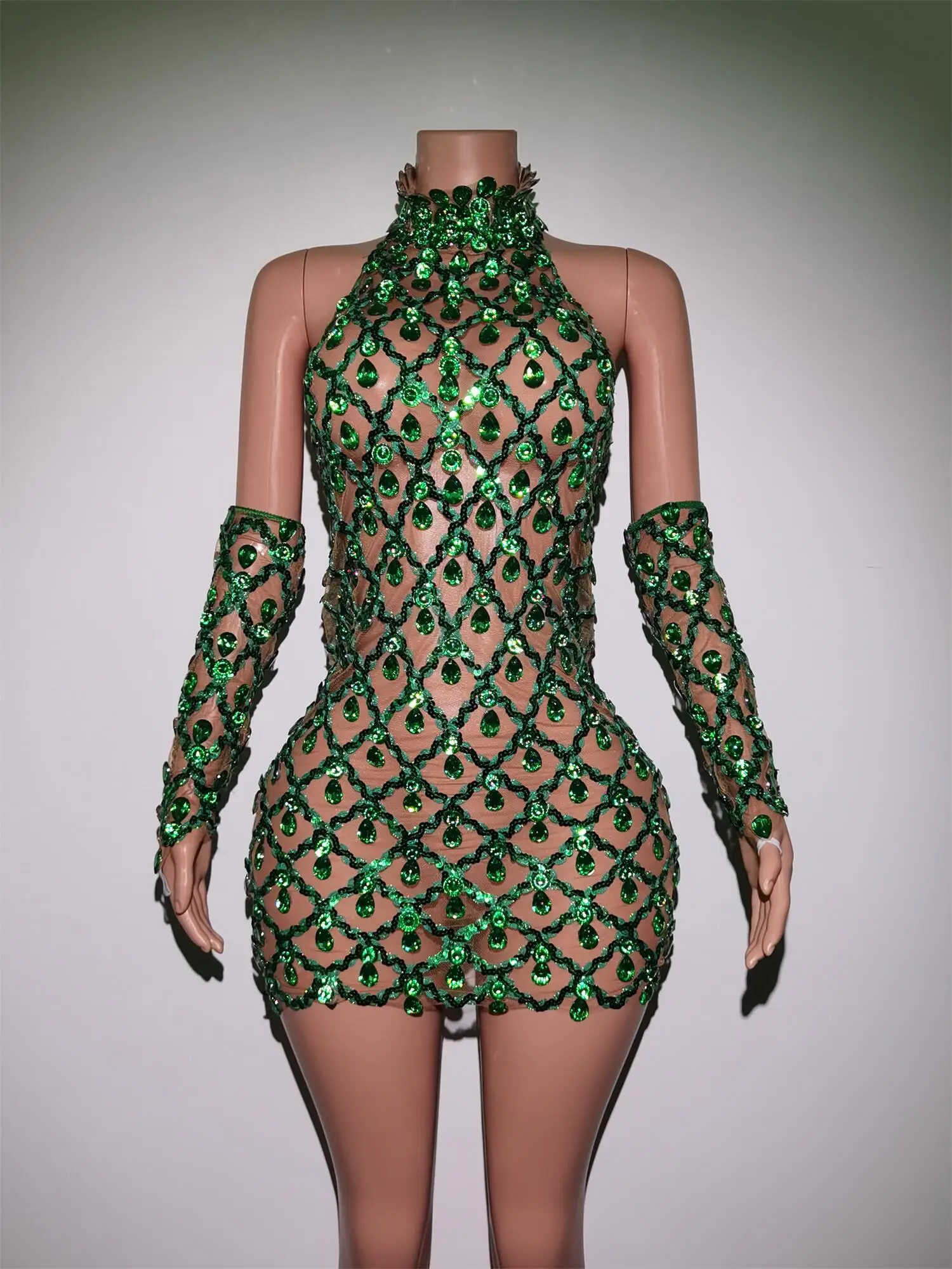 Women Sexy Green Rhinestones Outfit Set Short Dresses with Gloves Mesh Birthday Stage Evening Celebrate Club Dress Shaokaojia