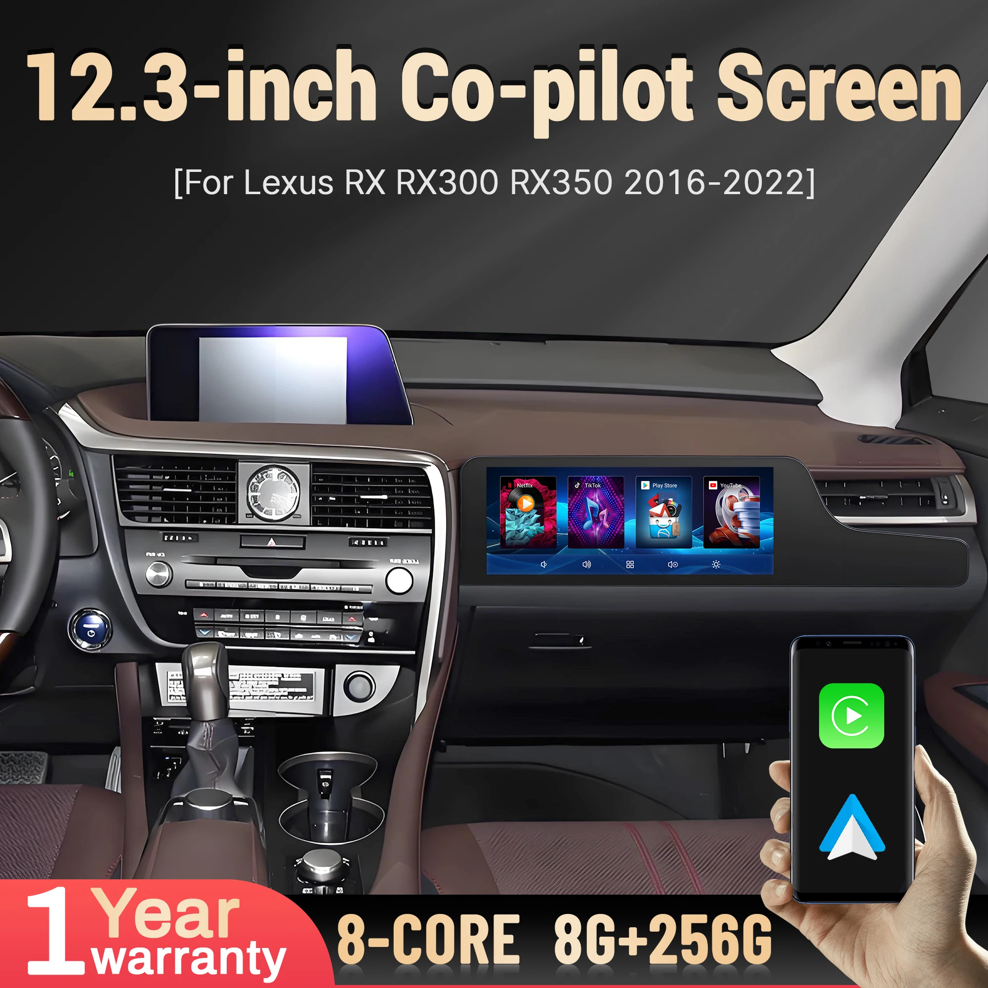 

12.3“For Co-pilot Screen Lexus RX RX300 RX350 2016-2022 Radio Wireless Apple Bluetooth Carplay Multimedia Touch Screen Stere