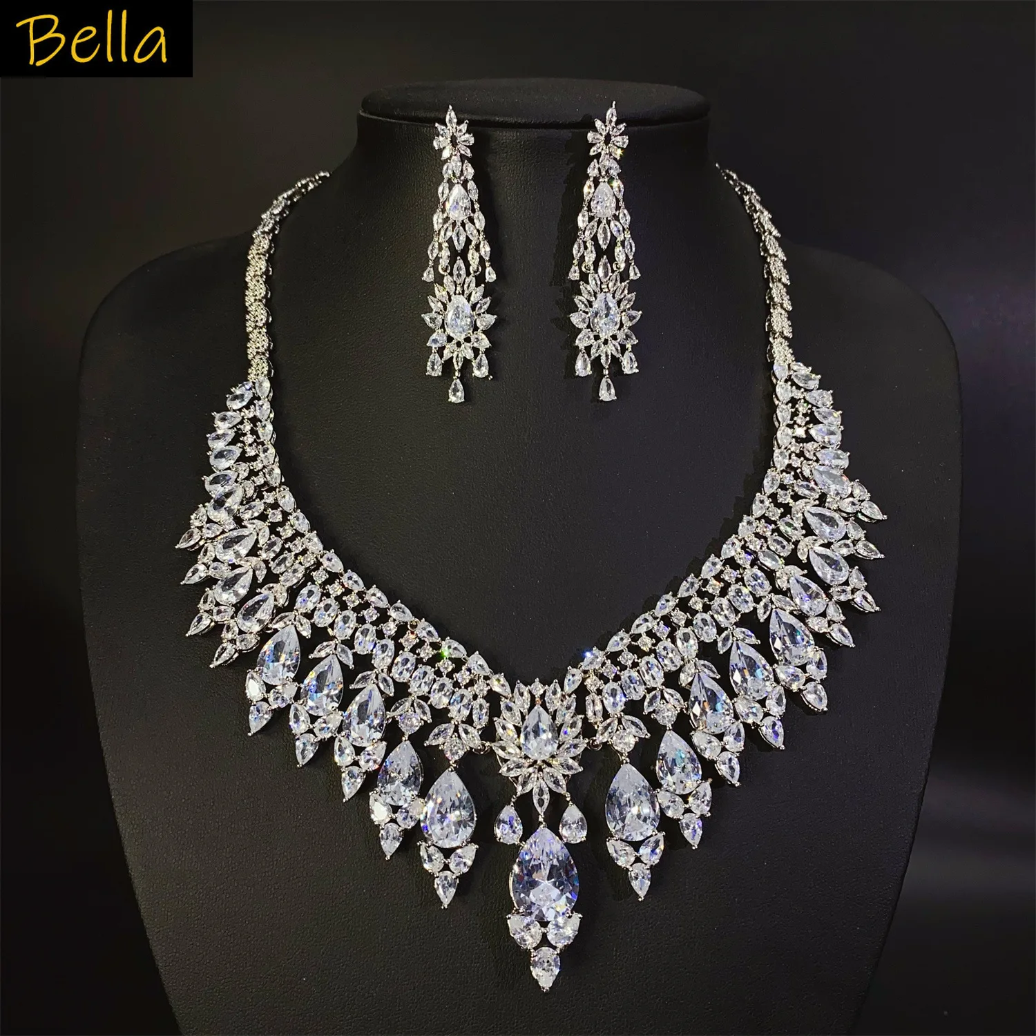 

Red Green Blue White Zirconia Jewelry Set Wedding Bride Gorgeous Large Jewelry Sets Necklace Earrings Water Drop Flower Pendant