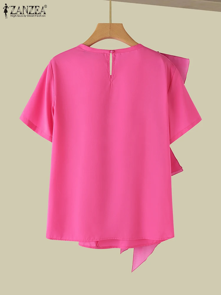 ZANZEA-Blusa de manga corta con volantes para mujer, Top holgado informal con cuello redondo, color liso, 2024