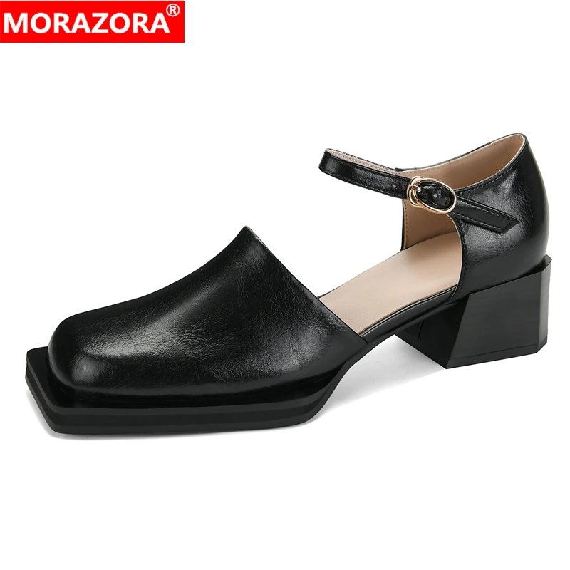 MORAZORA 2024 New Genuine Leather Shoes Women Pumps Square Toe Buckle Summer Square Heels Fashion Ladies Shoes