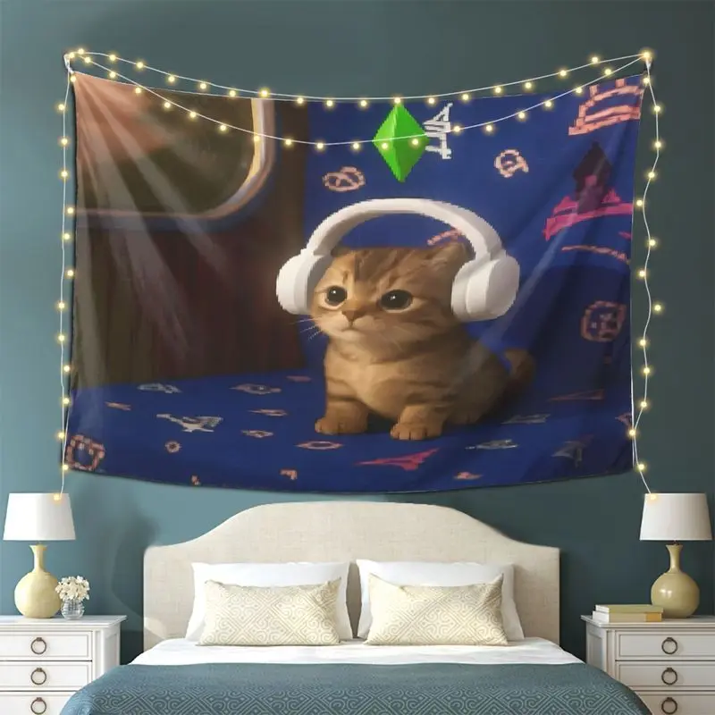 VIKAMA Pixel-Style Cat Tapestry, Cute Kitten with Headphones Wall Hanging, Gamer Room Decor, Wall Backdrop for Bedroom and Dorm
