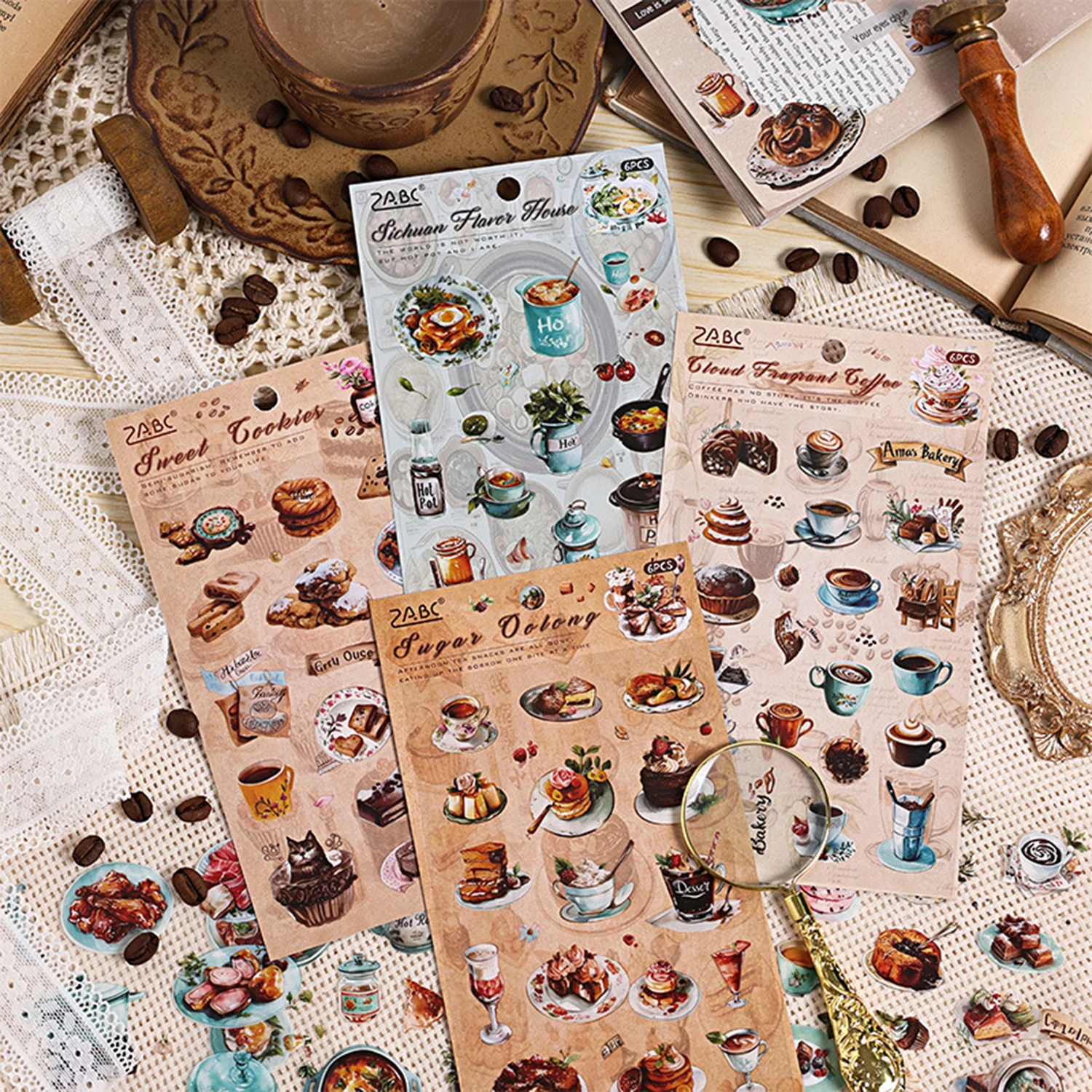6pcs Coffee Shop Theme Pattern Stickers, Waterproof PET Planner Decoration Stickers, Study Stationery and Scrapbook Decorations