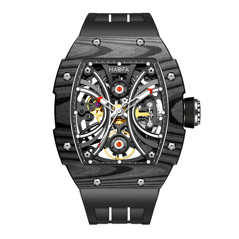 Haofa Mechanical watch Man Luminous Hollow Skeleton Carbon Fiber Hardcore Outdoors Multiple colors Synthetic Sapphire Brand 1909