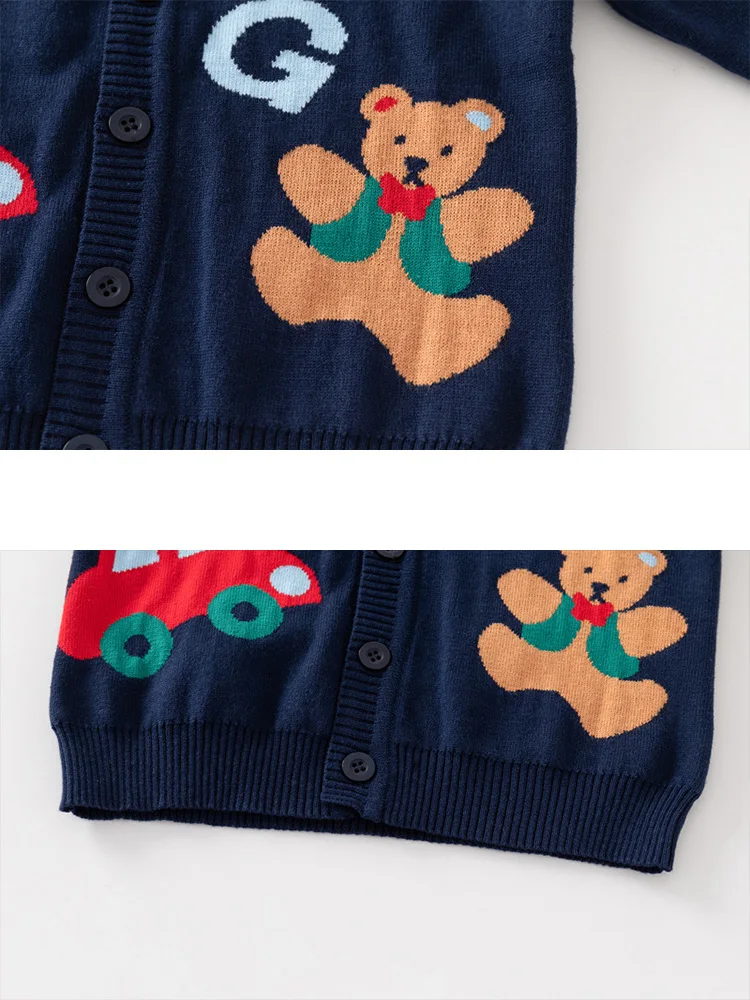 Winter Kid Sweater Girl Boy Car Bear Pattern Knitted Coat Long Sleeve Vl Neck Children Sweater Cardigan Fashion Coat