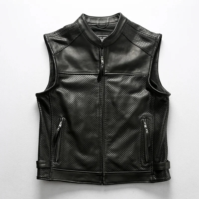 

5 days arrival,Men's Mesh Breathable Cowhide Vest Perforated Zipper Thick Genuine Leather Motorcycle Vintage Classic Coat