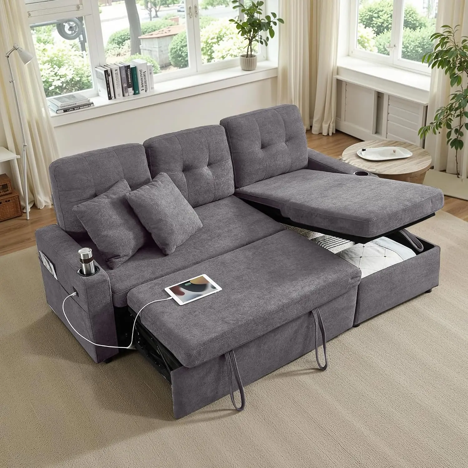 Reversible Sectional Sofa Bed With Storage Chaise Pull Out Sleeper USB Charge Cup Holder, Customized
