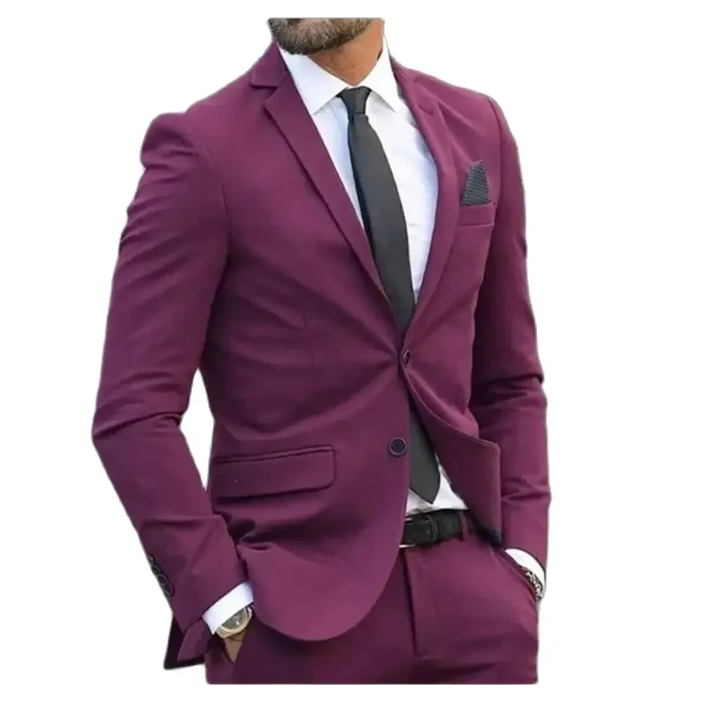 Purplish Red Men's Suits Slim Fit Formal Occasion 2 Piece Jacket Pants Notched Lapel Casual Business Full Set ropa hombre 2024