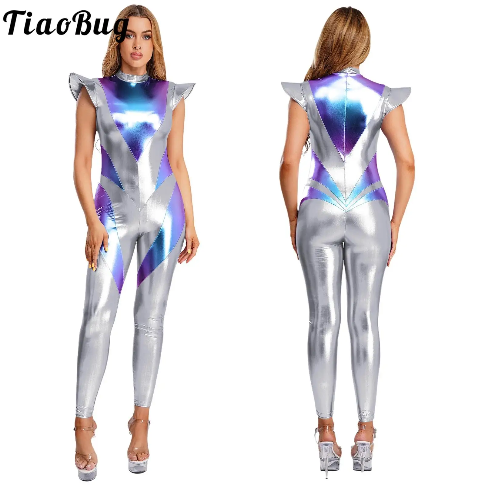 

Women Alien Astronaut Cosplay Costume Full Unitard Jumpsuits Fly Sleeve Leggings Pants Metallic Jumpsuit for Spaced Themed Party