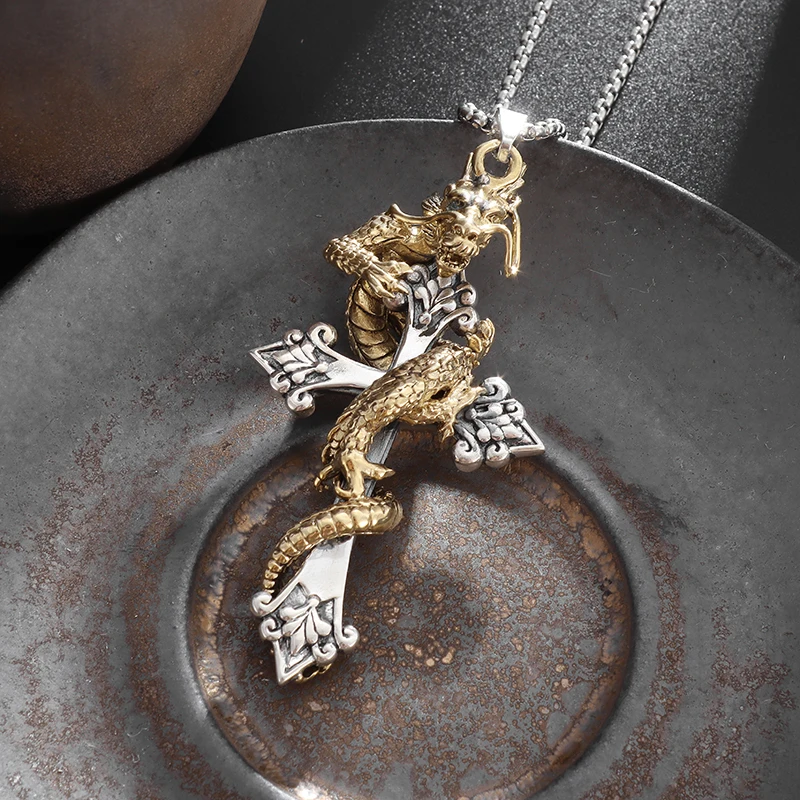 Retro Domineering Auspicious Dragon Coiled Cross Necklace Men's Punk Hip Hop Rock Amulet Jewelry Gift